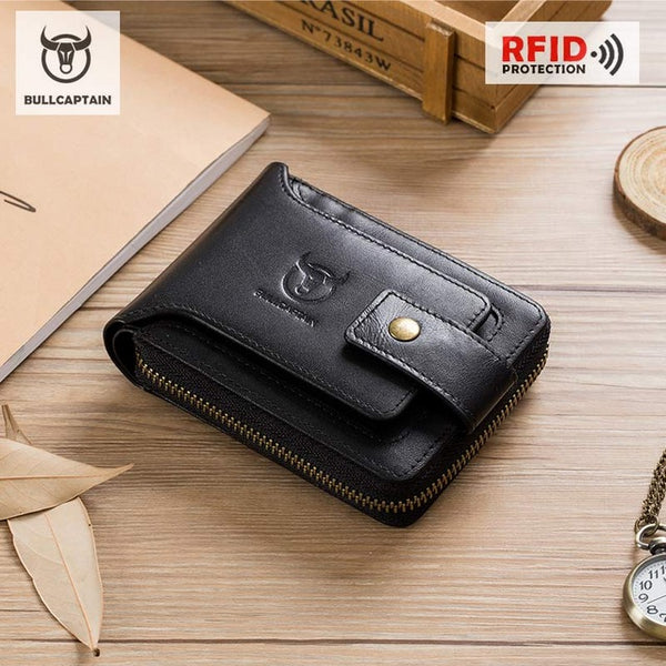 BULLCAPTAIN Men Genuine Leather Brand RFID Wallet Male Organizer Coin Purse Pockets Slim Fashion Zipper Clamp Wallet Card Holder